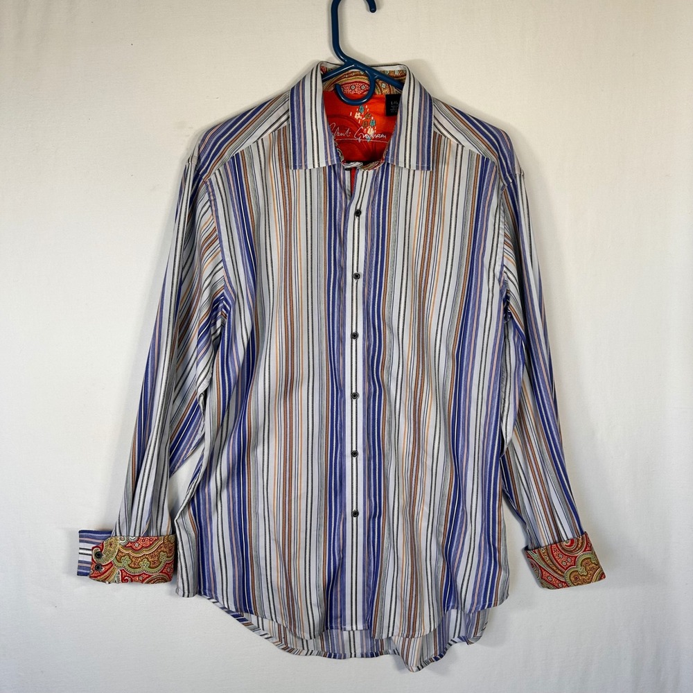 Robert Graham Mens Large Striped Button Down Shirt Paisley Silk Trim Multi-Color